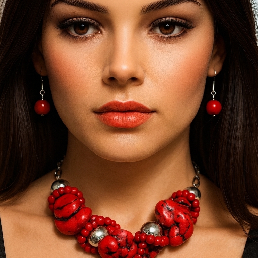 Women's Silver & Red Beaded Twisted Design Necklace W/Earrings 24-inch Jewelry